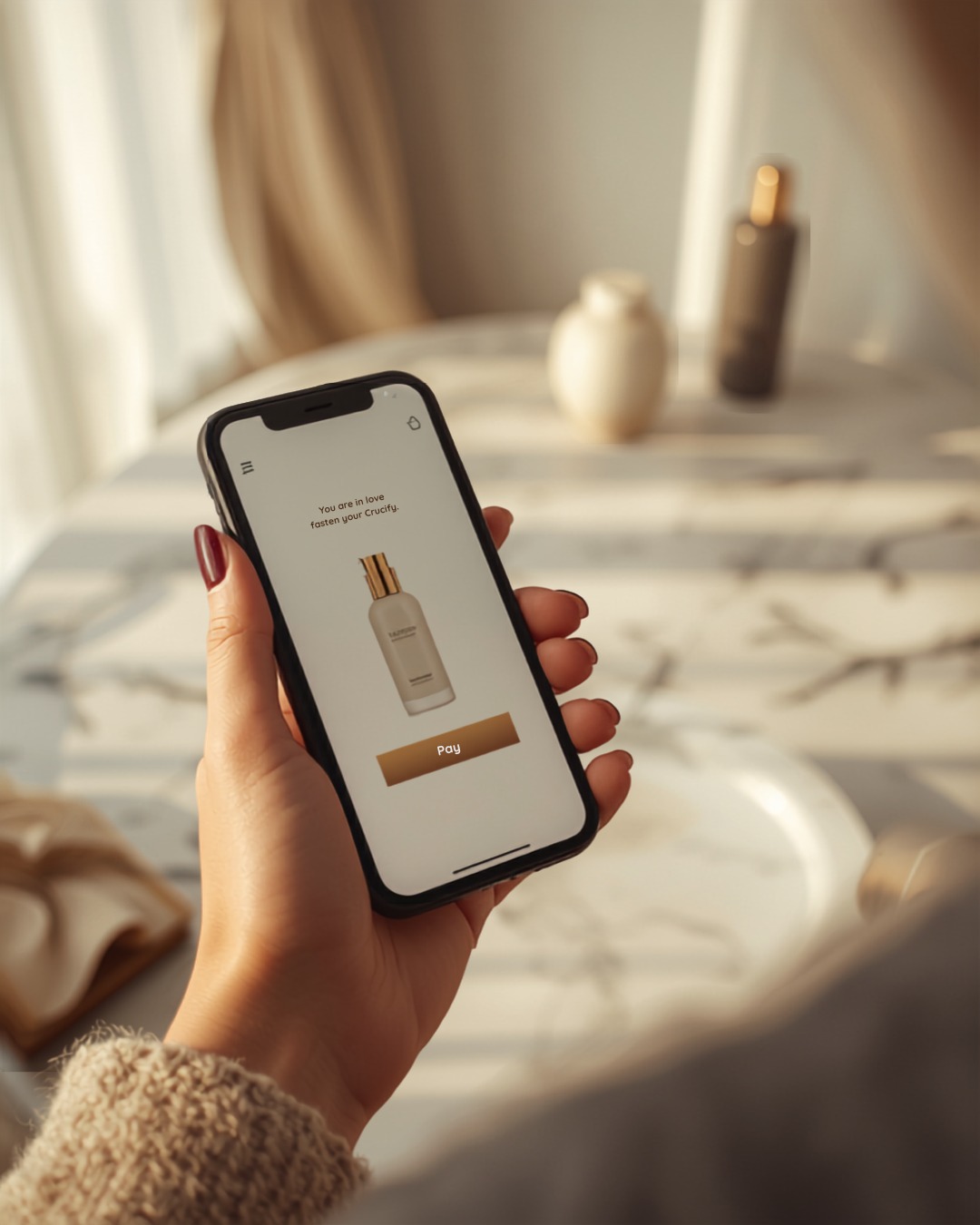Over the shoulder — a member mid-checkout on their phone, buying a premium beauty product