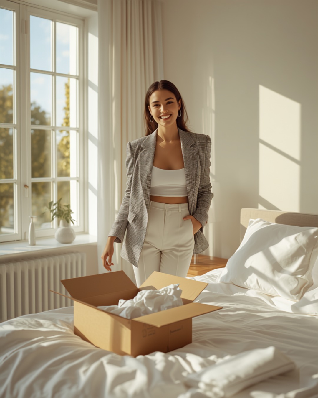 A member trying on a new-season piece at home after a fashion delivery
