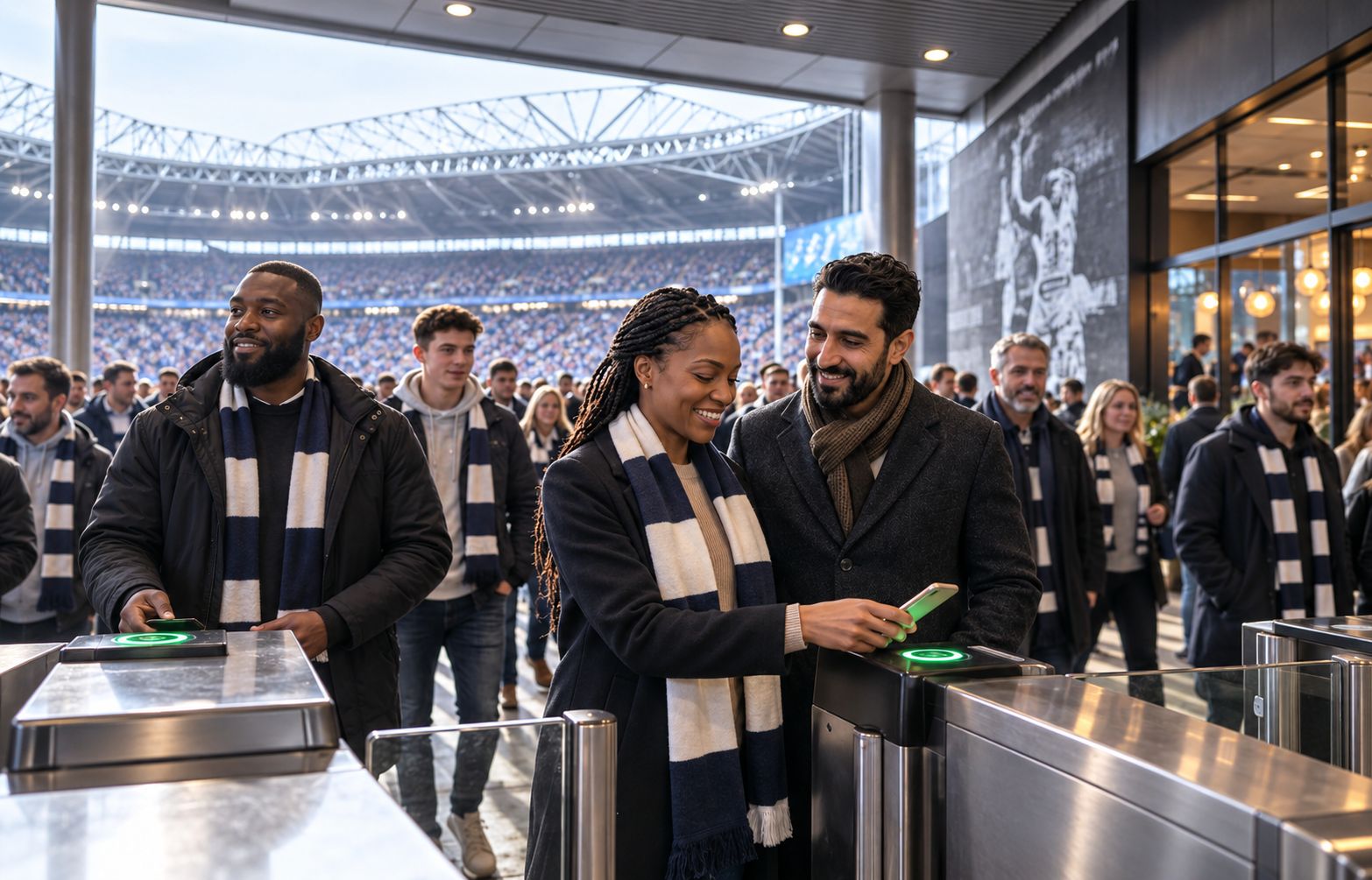 Football fans tapping their phones at stadium turnstiles