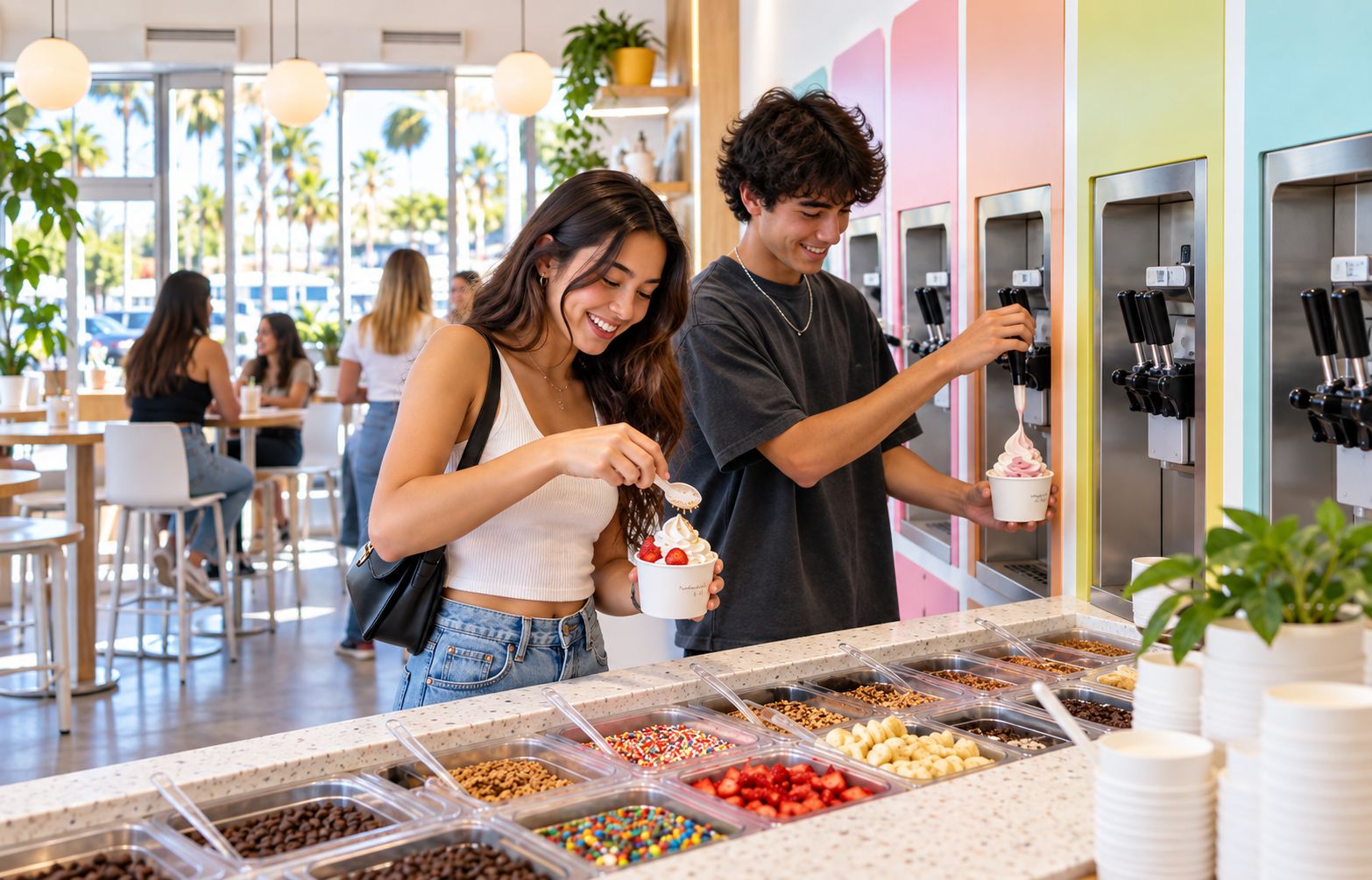 Two customers serving themselves at a frozen yoghurt bar