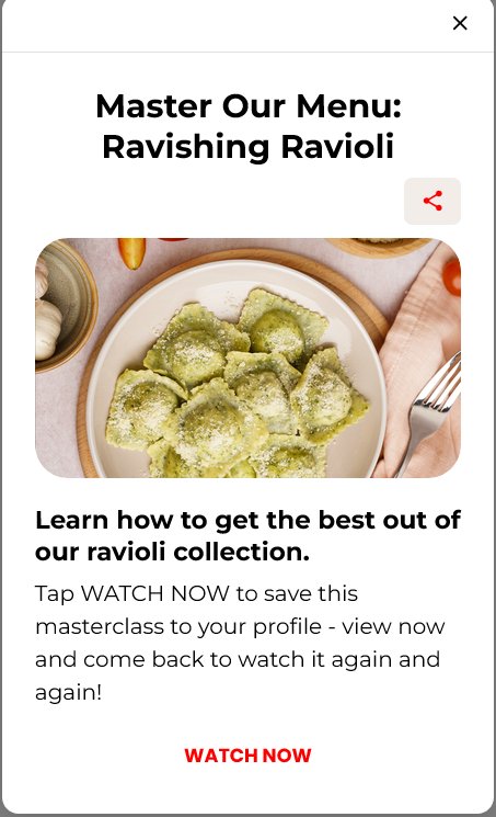 Ravioli masterclass card with a Watch Now button