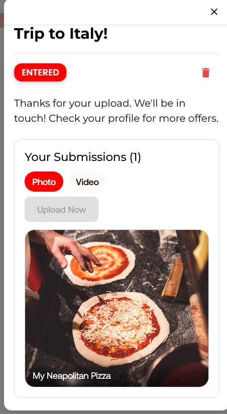 Entry confirmed with the uploaded pizza photo